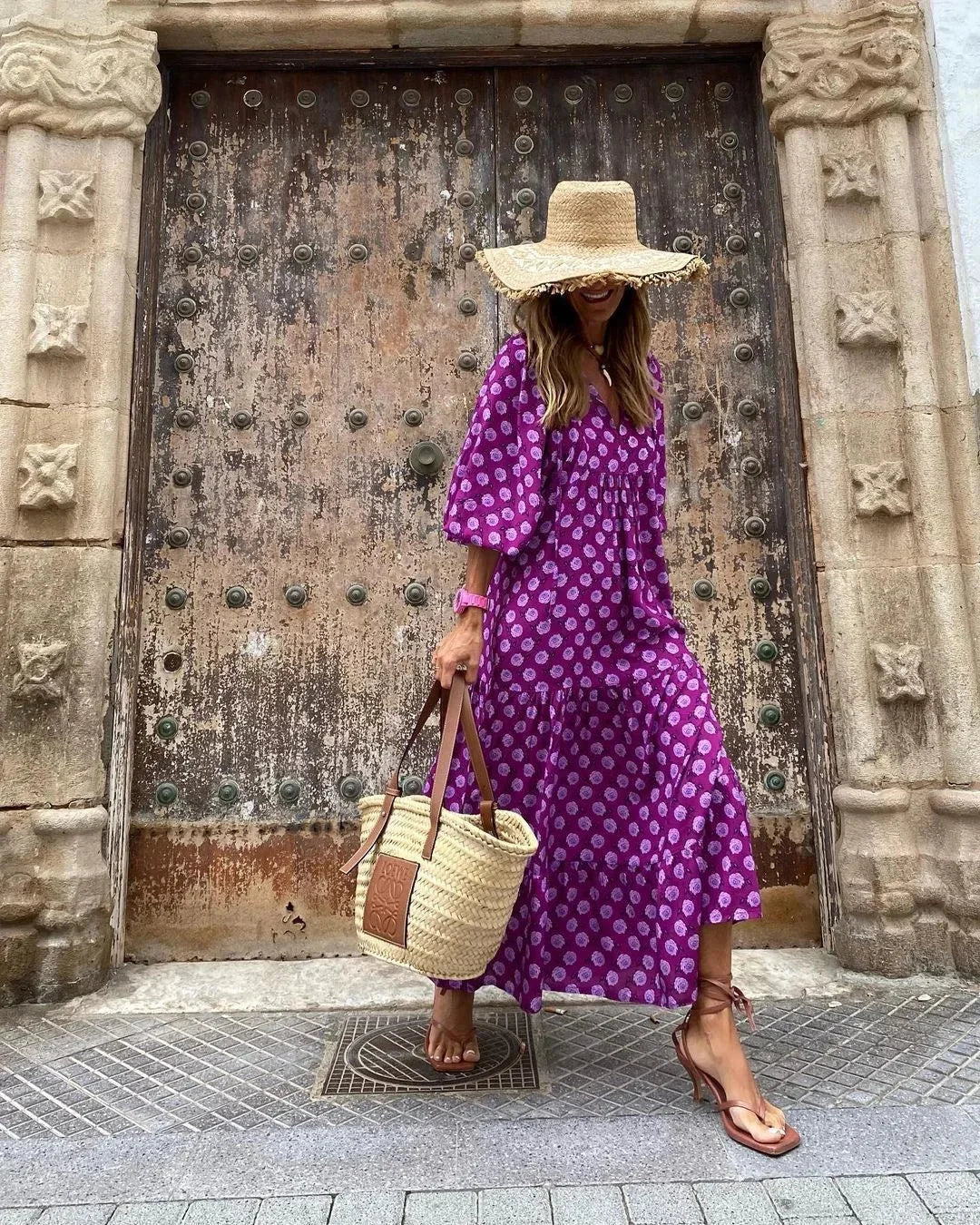 Women's Maxi dress with V-neck and long sleeves, summer