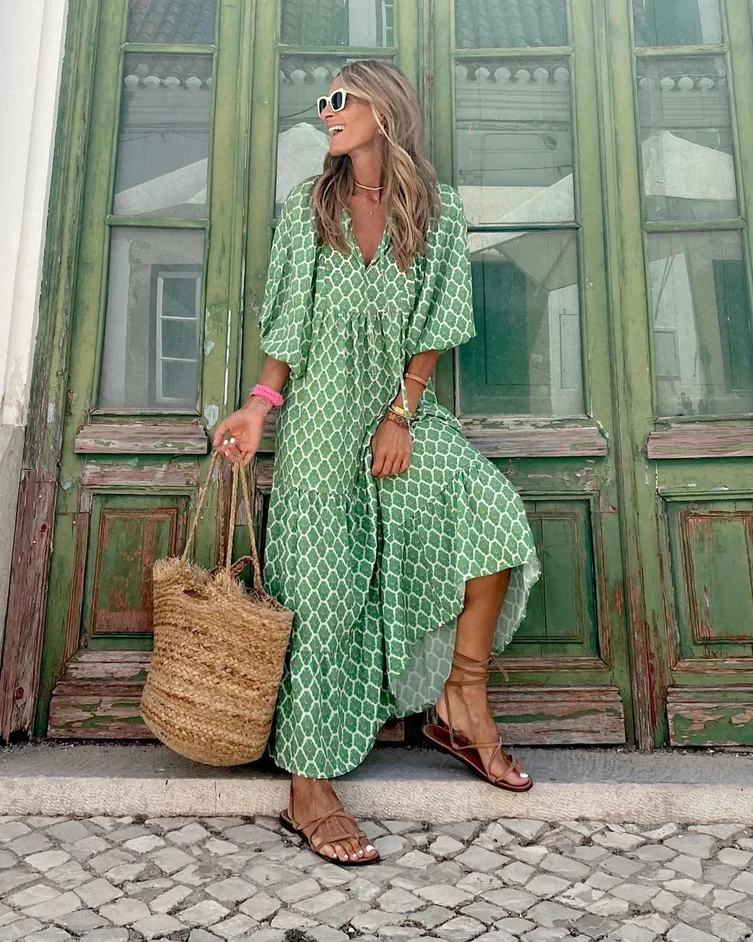 Women's Maxi dress with V-neck and long sleeves, summer