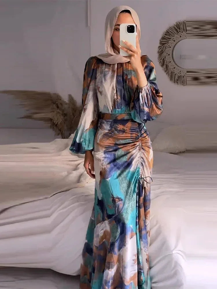 Multicolored printed women's Maxi dress with long sleeves