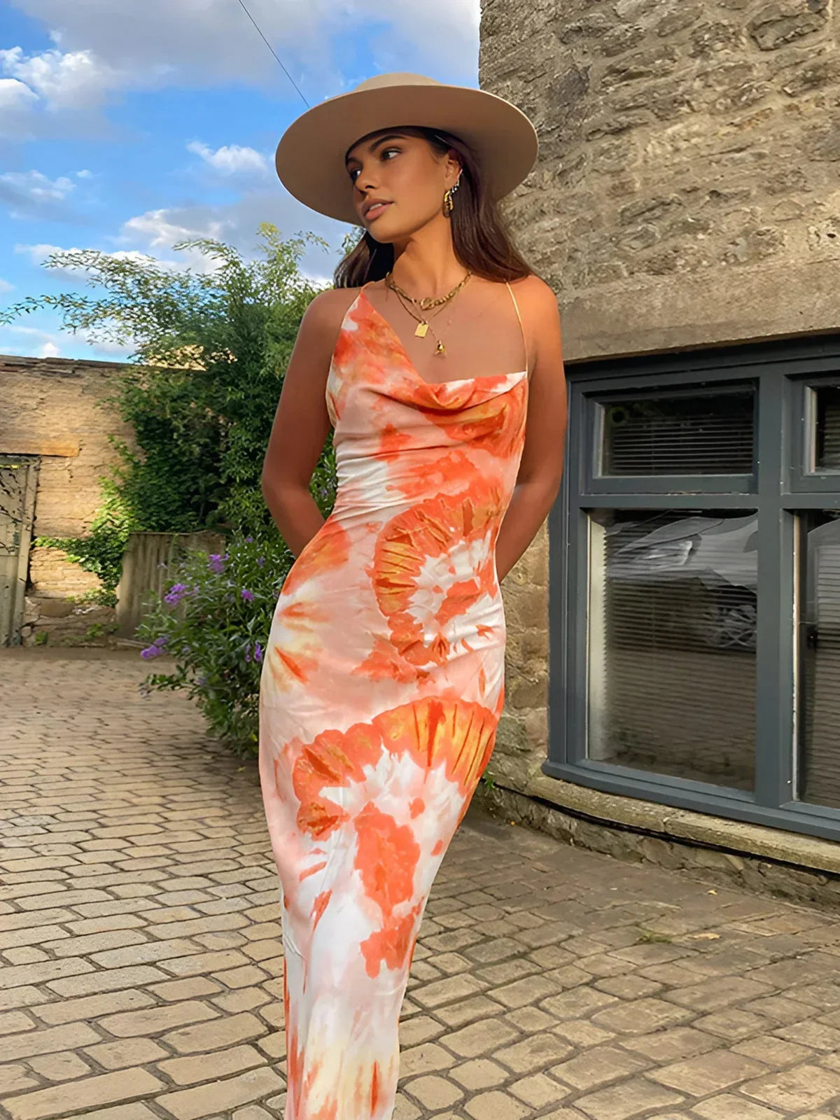 Orange printed sleeveless women's Maxi dress with draped neckline