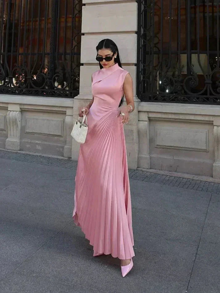 Pink pleated women's Maxi dress with asymmetrical neckline for ceremonies