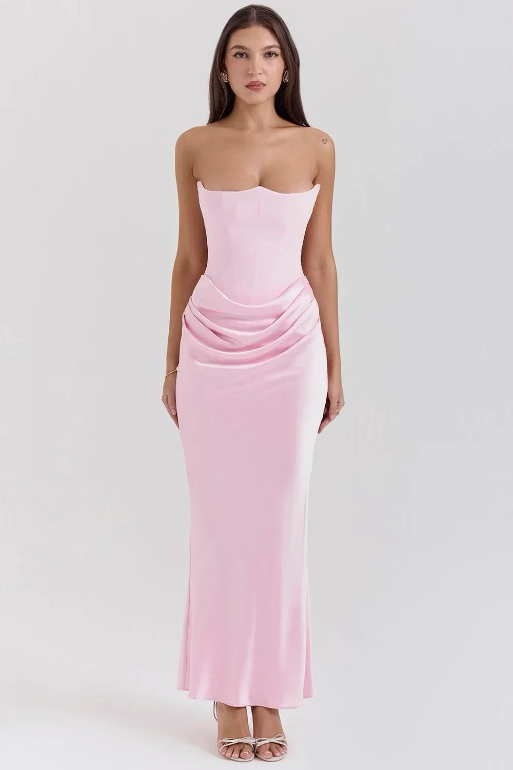 Women's draped pink strapless Maxi dress