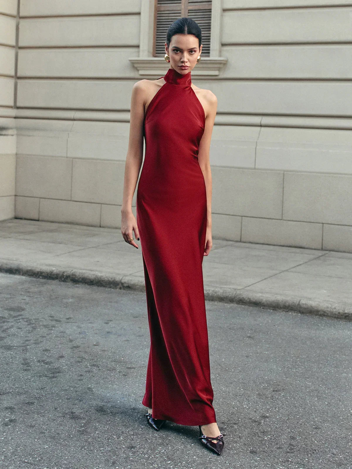 Red backless women's Maxi dress with trailing bow