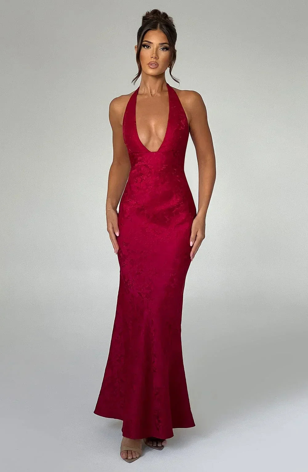 Red textured Maxi dress with halter neck and plunging neckline