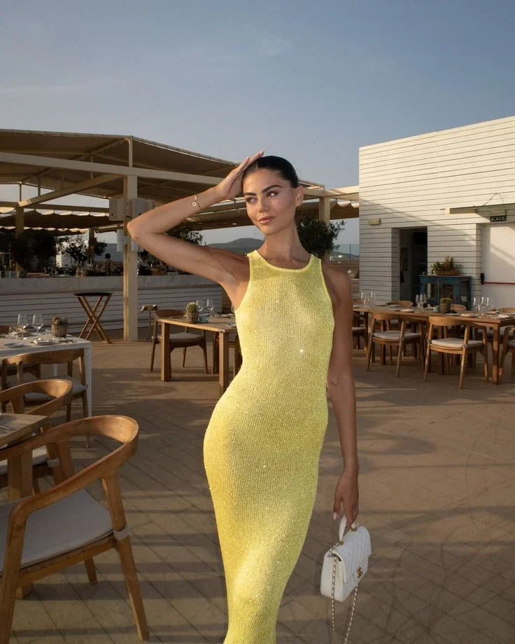 Sparkly sleeveless Maxi dress with plunging neckline