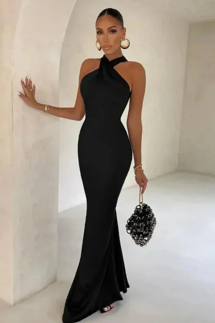 Women's Maxi dress with crossover neckline and fitted silhouette