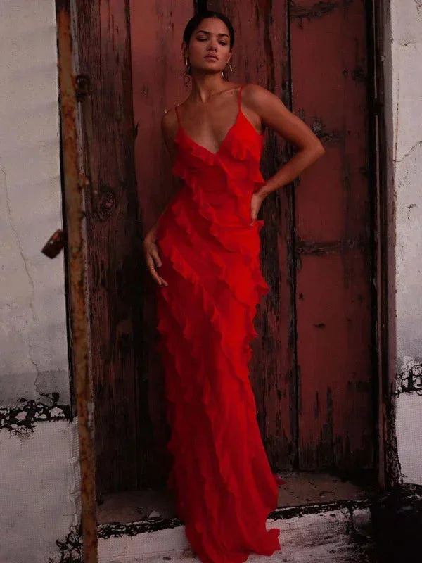 Women's Maxi dress with ruffles and thin straps, summer