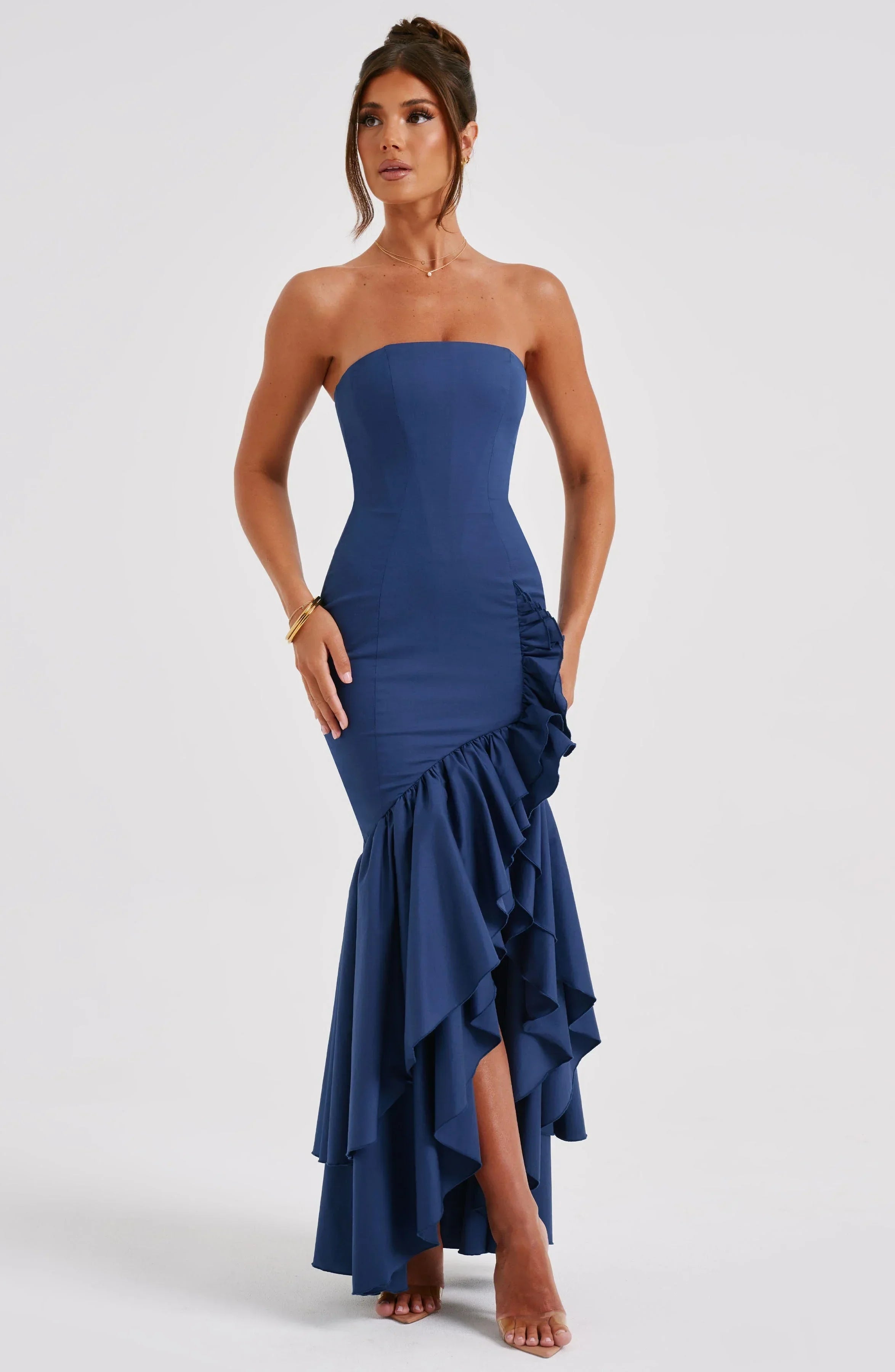 Women's Maxi dress, strapless with asymmetric ruffles