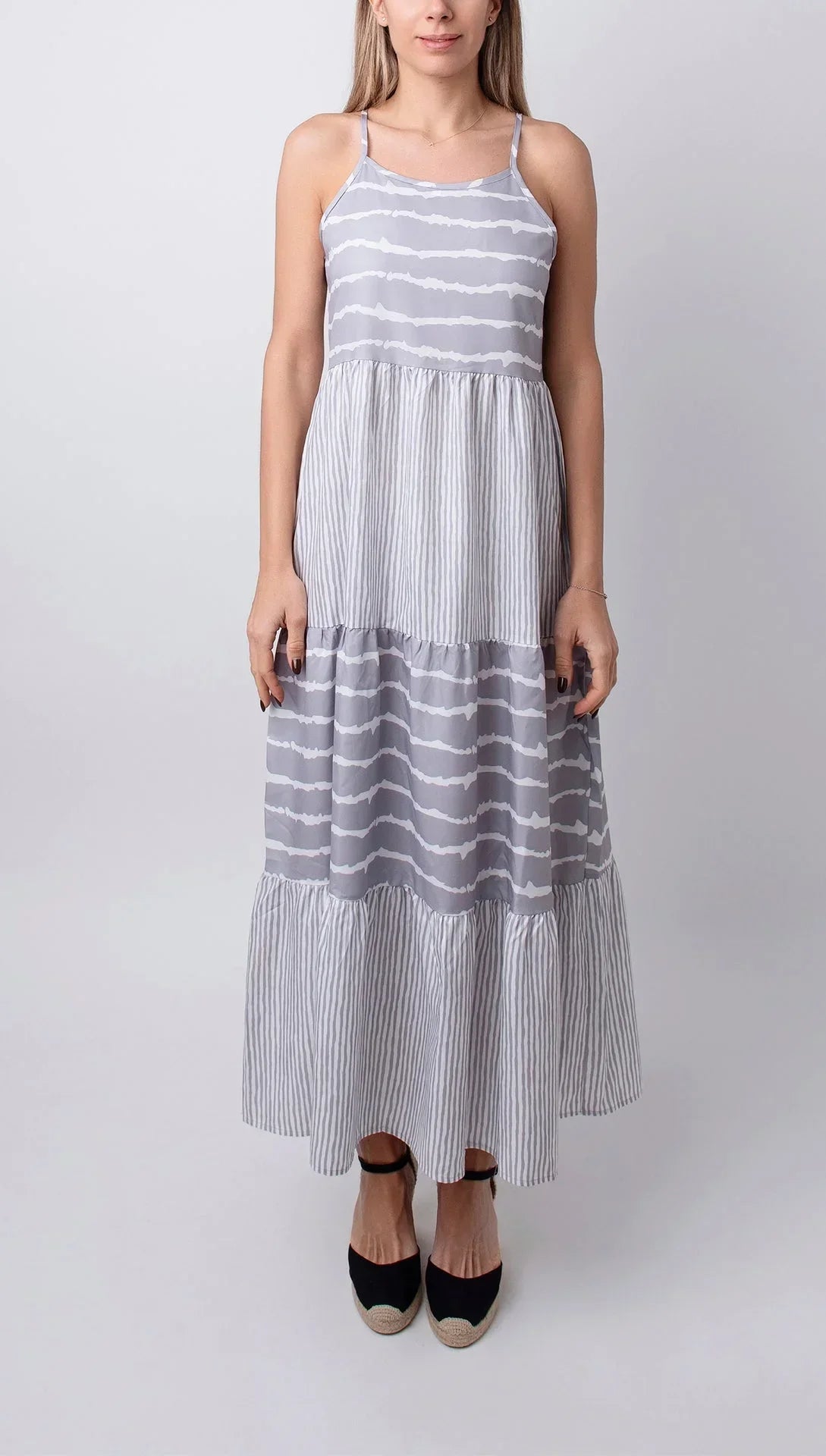 Gray striped Maxi dress for women with ruffles for summer