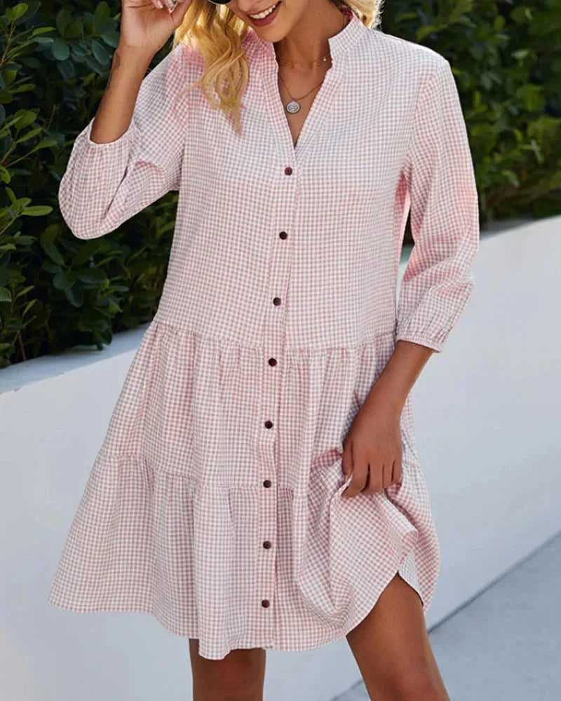 Gingham mini dress for women with flared collar and Sleeves