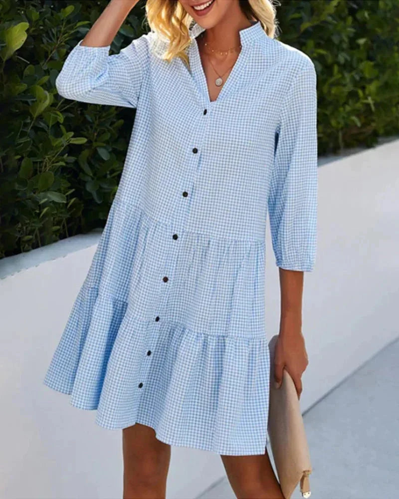 Gingham mini dress for women with flared collar and Sleeves