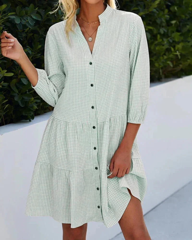 Gingham mini dress for women with flared collar and Sleeves
