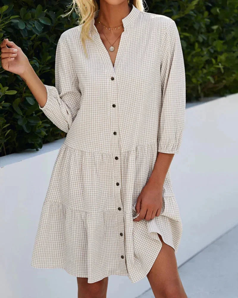 Gingham mini dress for women with flared collar and Sleeves