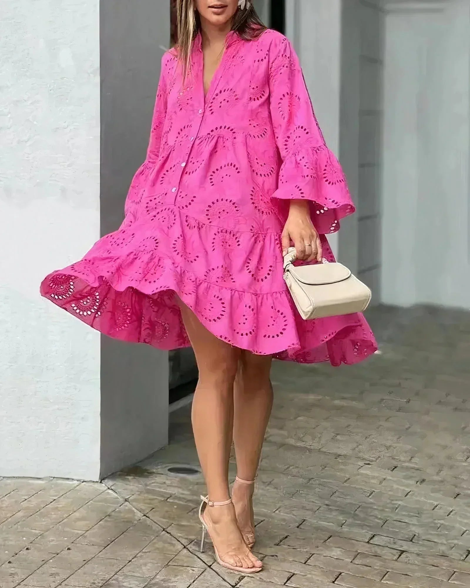 Mini dress for women in broderie anglaise with ruffles and long Sleeves