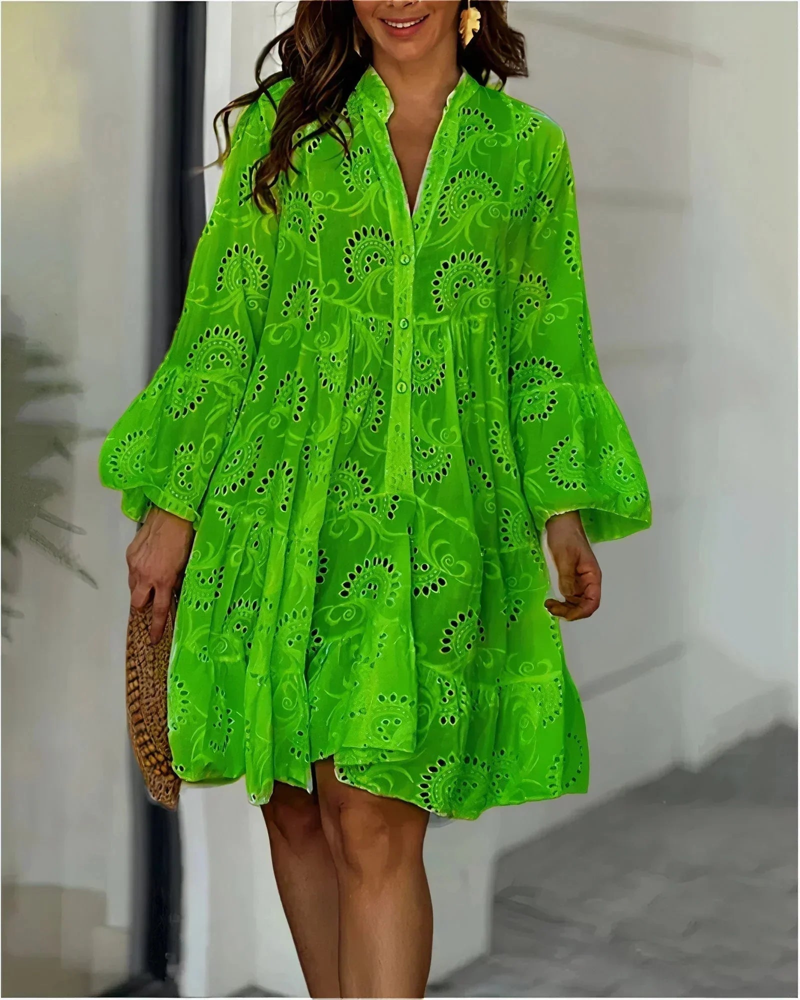 Mini dress for women in broderie anglaise with ruffles and long Sleeves