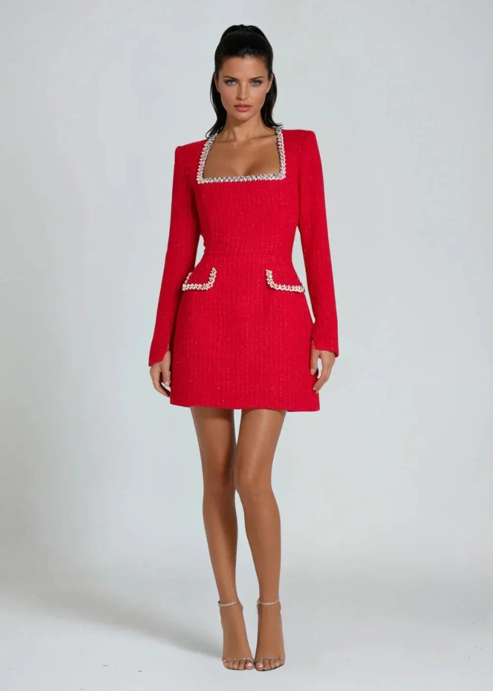 Women's Mini dress with square neckline, pearl details and long sleeves