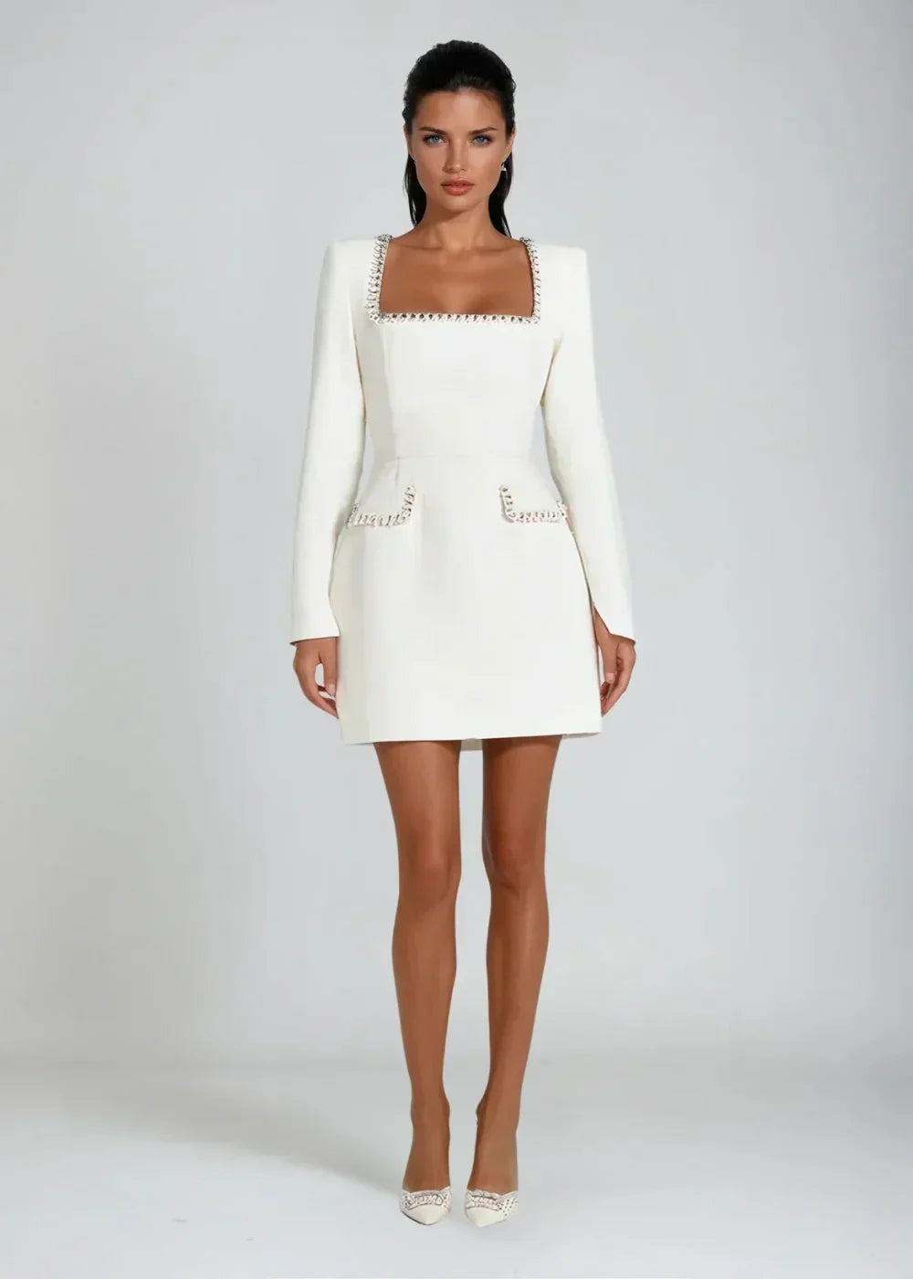 Women's Mini dress with square neckline, pearl details and long sleeves