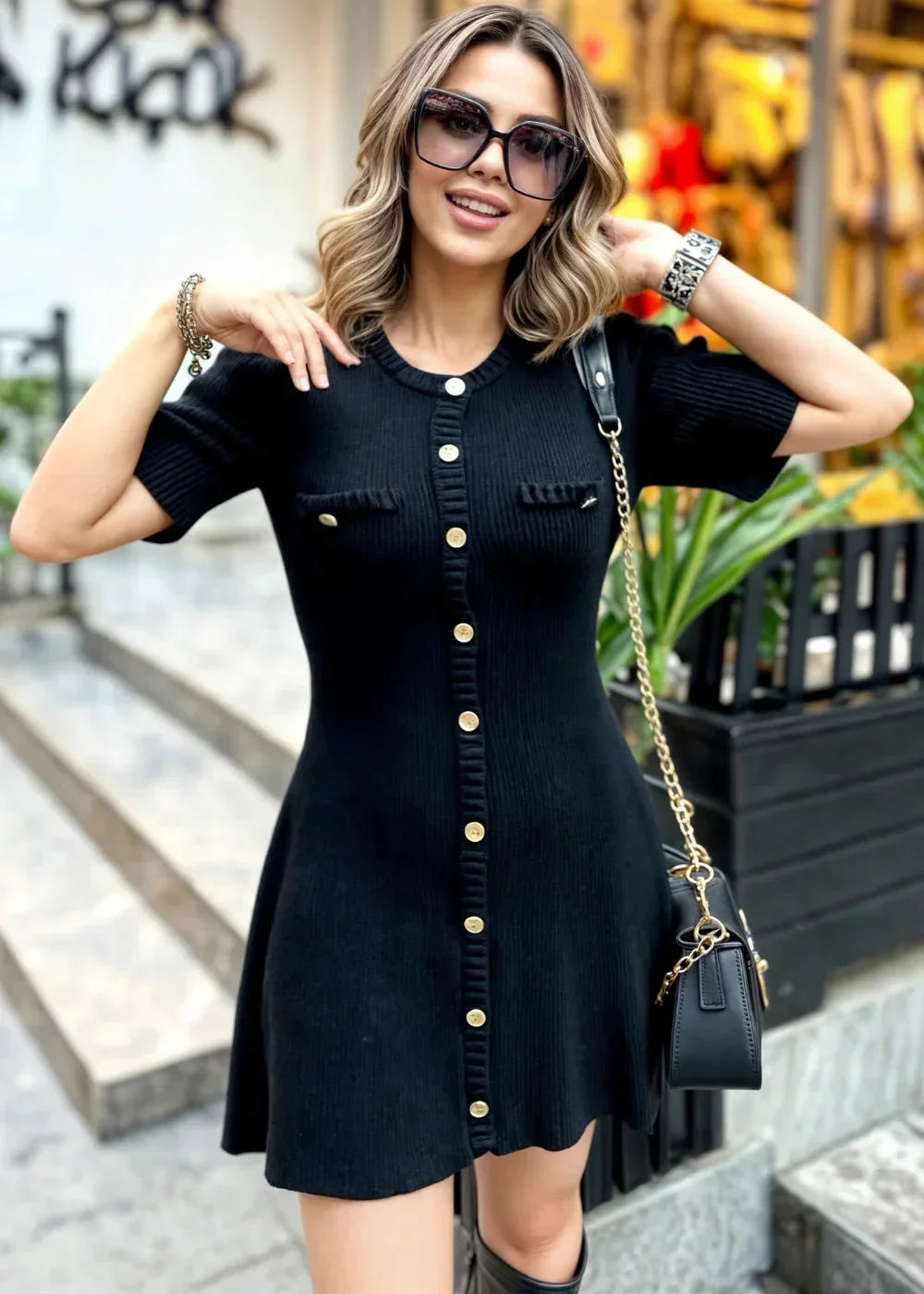 Ribbed knit mini dress for women with buttons