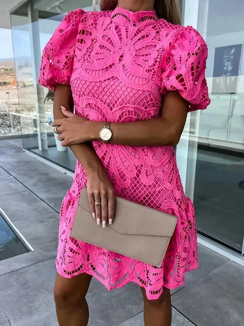 Mini dress women lace high neck puff sleeves