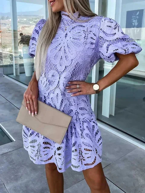 Mini dress women lace high neck puff sleeves
