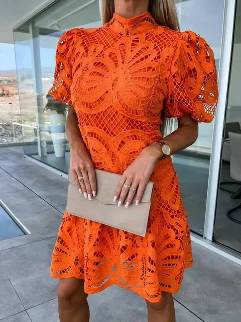 Mini dress women lace high neck puff sleeves