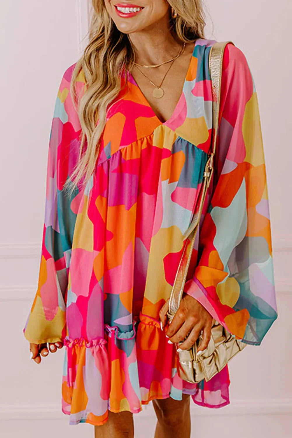Colorful women's Mini dress with long sleeves and V-neckline