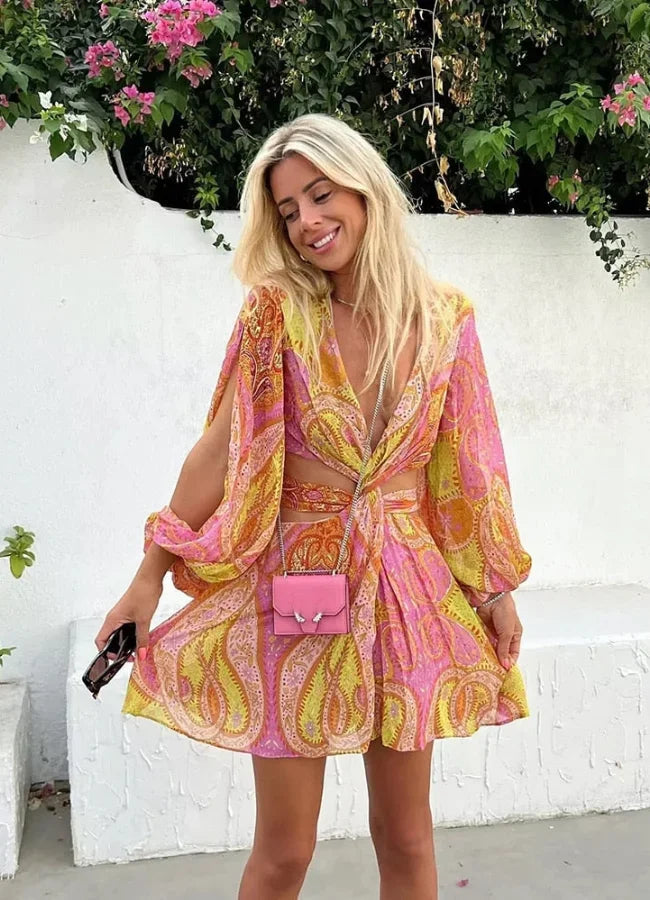 Mini dress summer printed pink yellow long sleeves