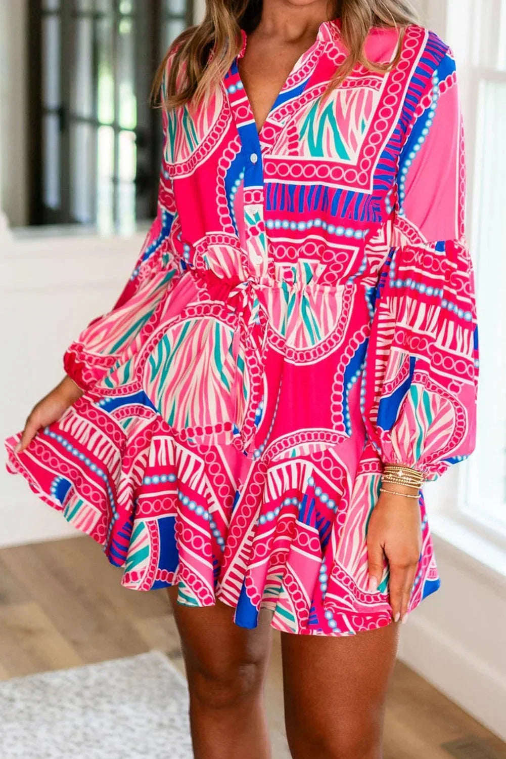 Pink tribal print mini dress for women with long Sleeves