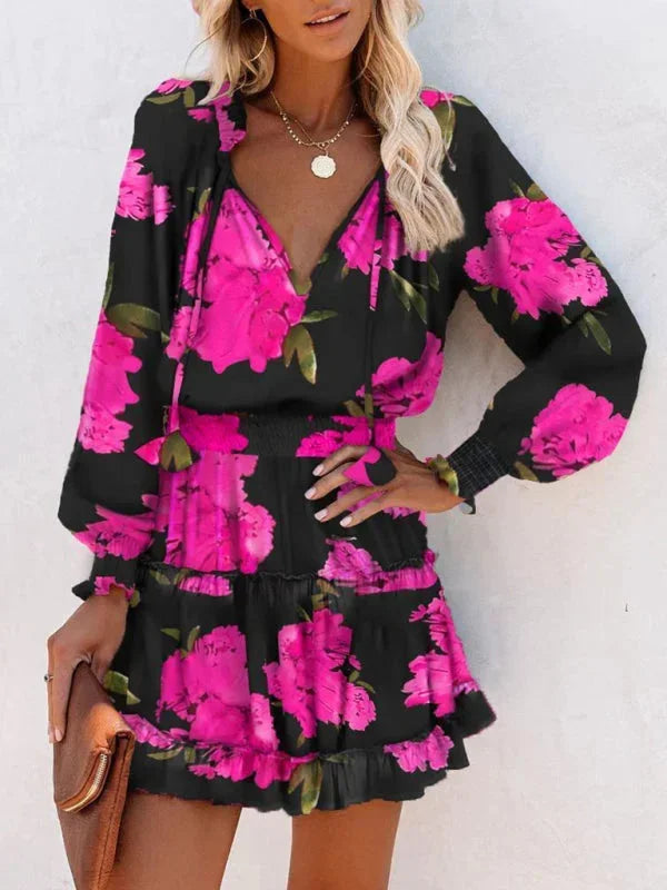 Mini dress for women with ruffles and mixed prints
