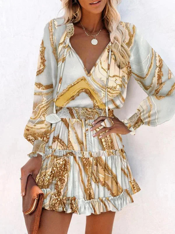 Mini dress for women with ruffles and mixed prints