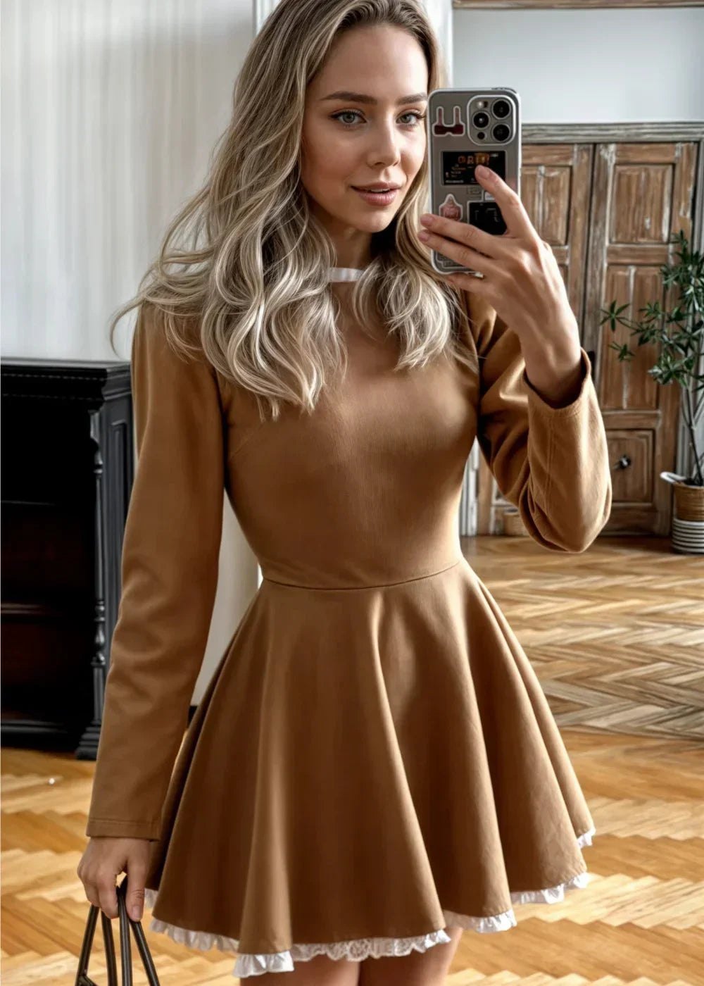 Mini dress for women with ruched collar and long sleeves
