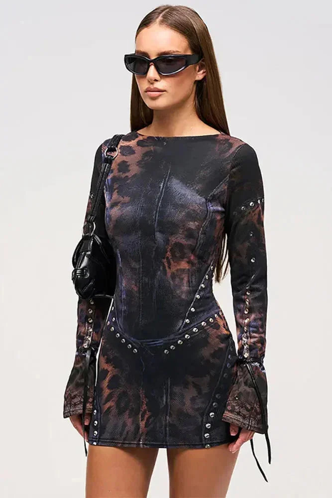 Mini dress women abstract print studded long sleeves