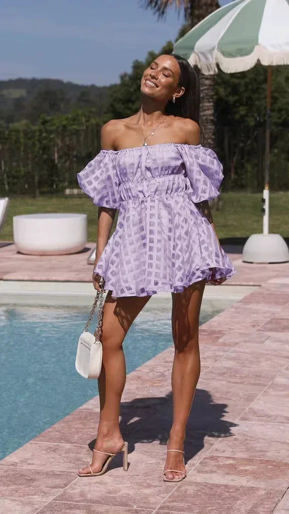 Mini dress with bare Shoulders, ruffled, puff sleeves