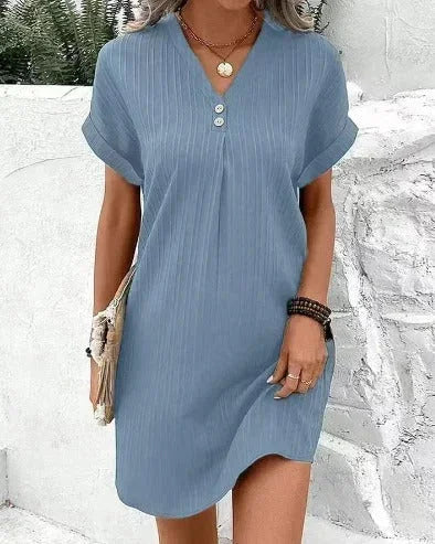 Women's pleated V-neck Mini dress for summer with buttons