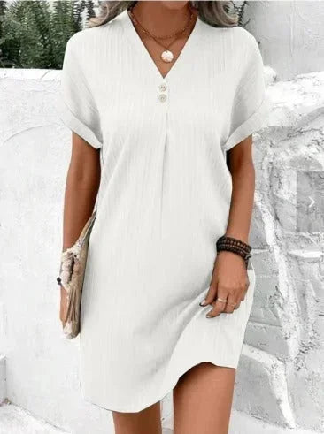 Women's pleated V-neck Mini dress for summer with buttons