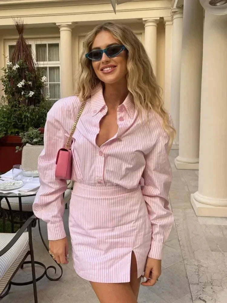 Mini dress woman striped pink with long sleeves and slit