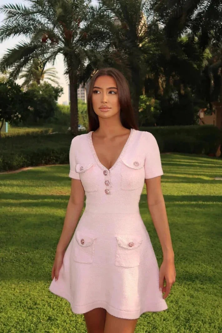 Pink Mini dress with buttons, pockets and short sleeves