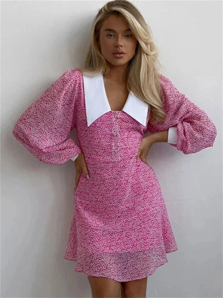 Pink Mini dress with puff sleeves and white collar