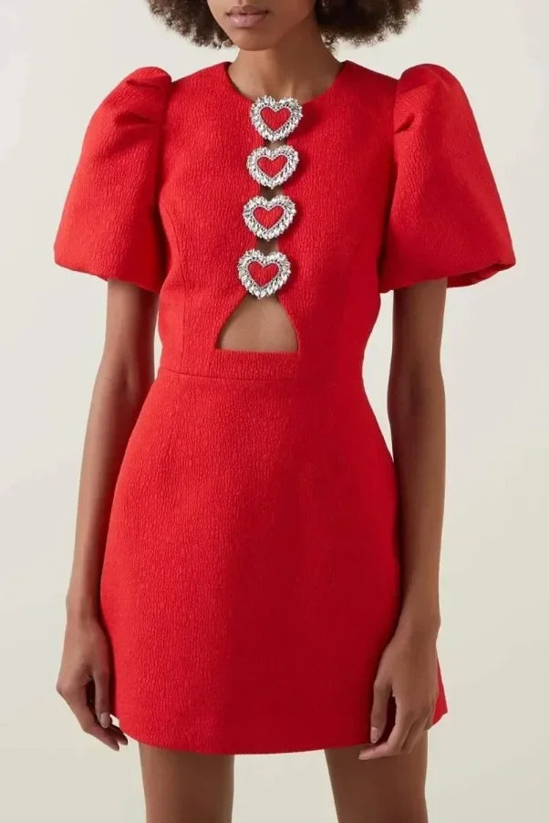 Mini dress red woman heart and puff sleeves