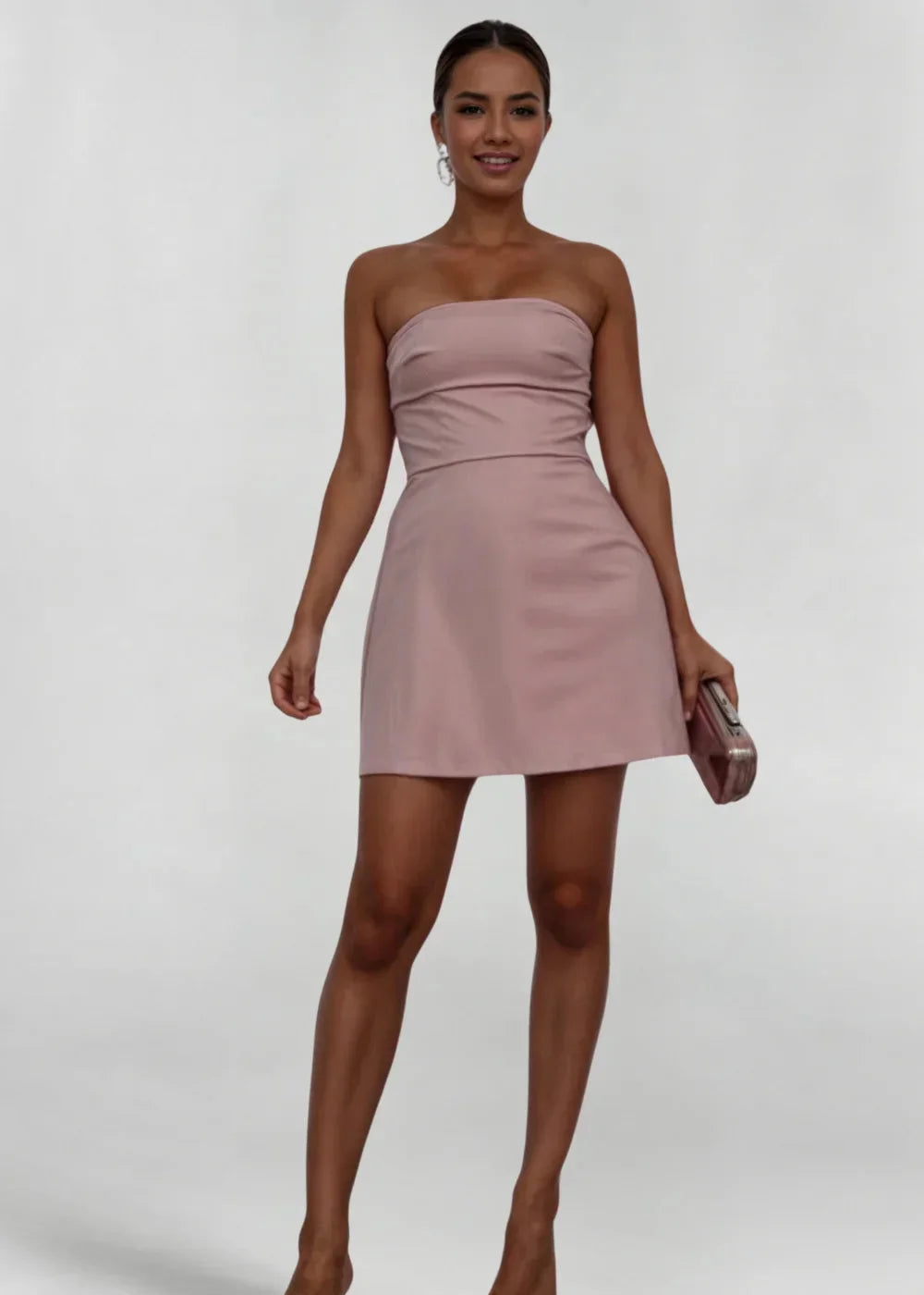 Strapless powder pink dress with matching clutch