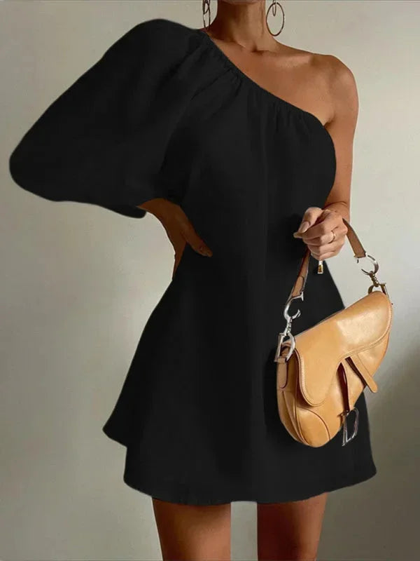 One-Shoulder mini dress for women with puff Sleeve