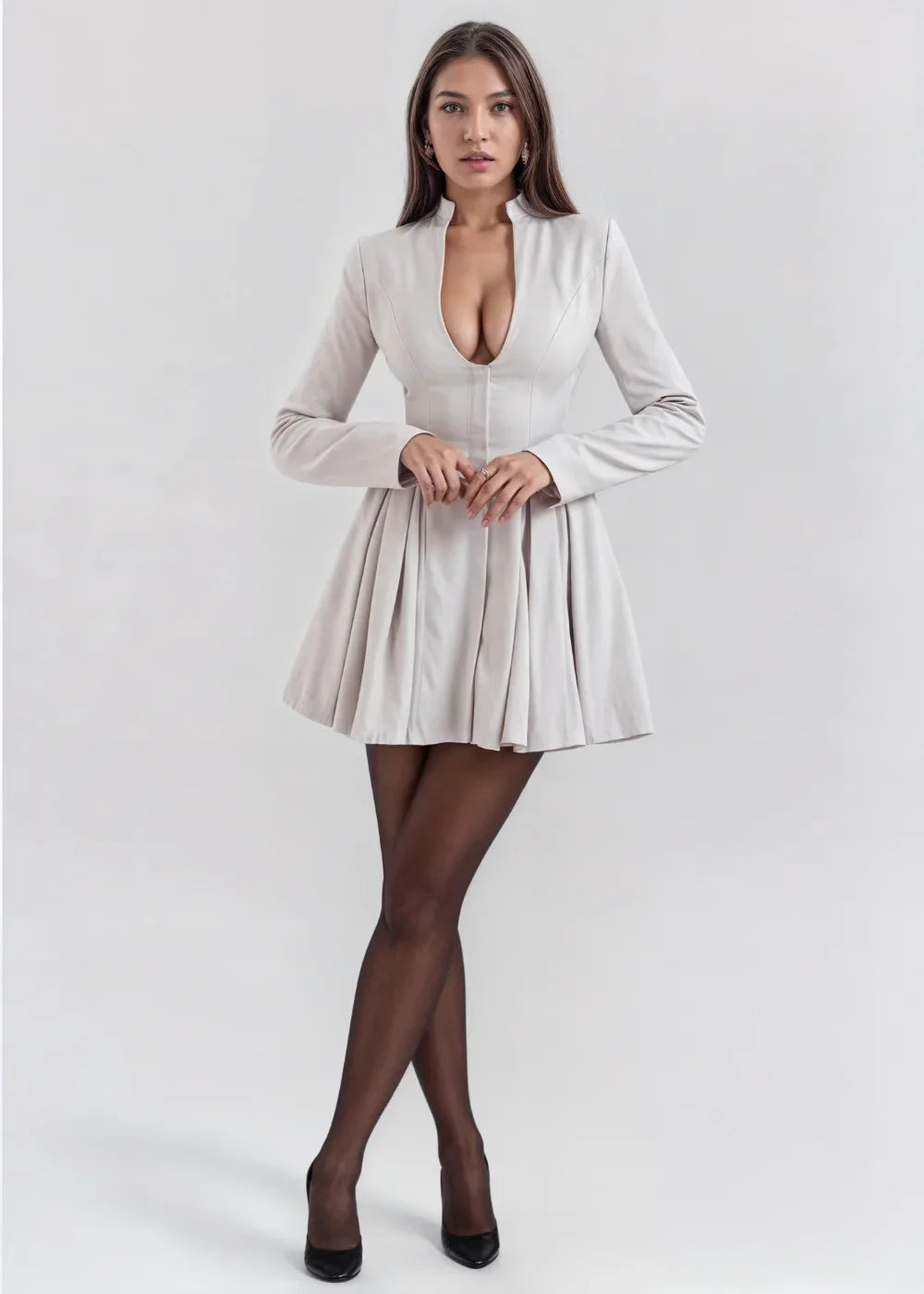 Flared Mini dress for women with deep neckline and long sleeves