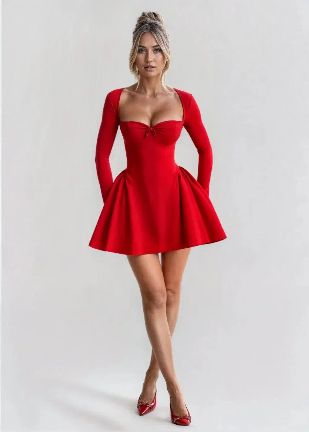 Flared Mini dress for women with elegant neckline and long sleeves
