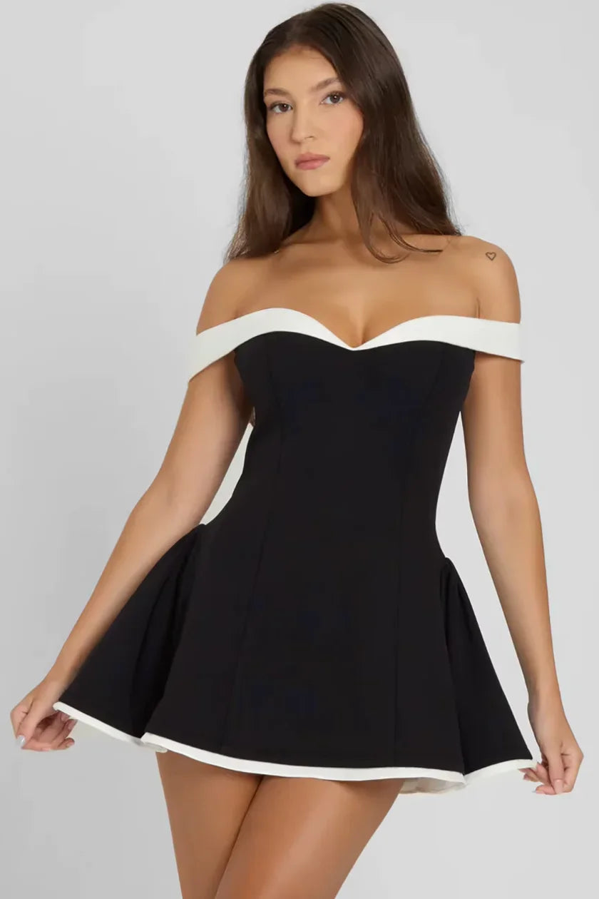 Mini dress black off-the-Shoulders with white trim
