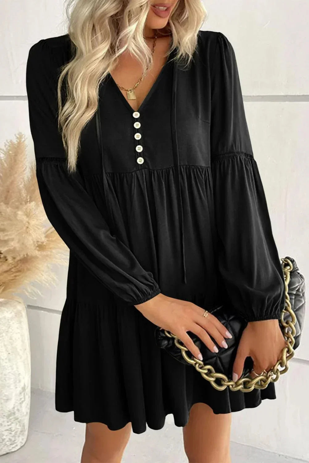 Ruffled mini dress for women with buttons and long Sleeves