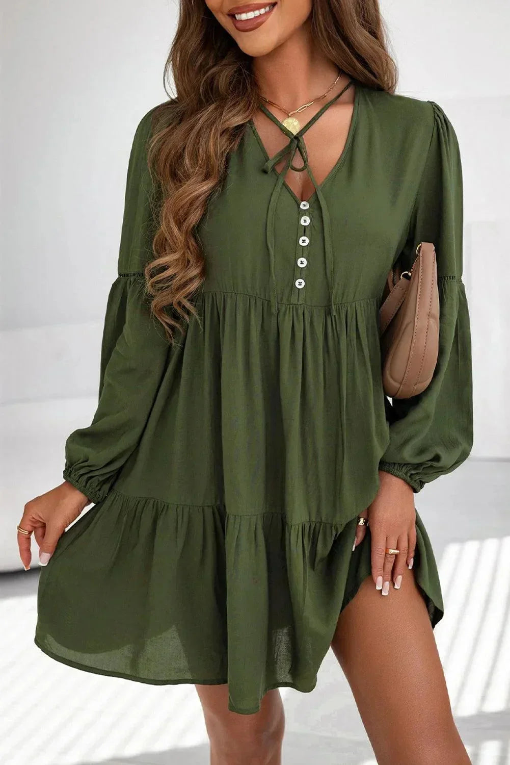 Ruffled mini dress for women with buttons and long Sleeves